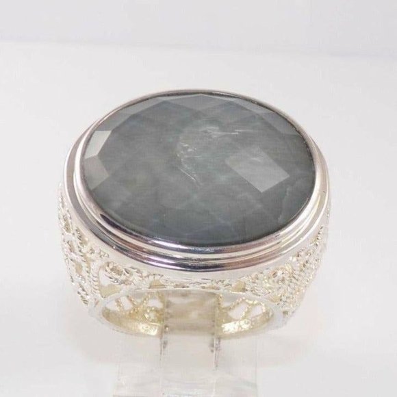 Sterling Silver Large Filigree Large Gray Quartz Cocktail Ring Size 8.5 - Picture 2 of 3